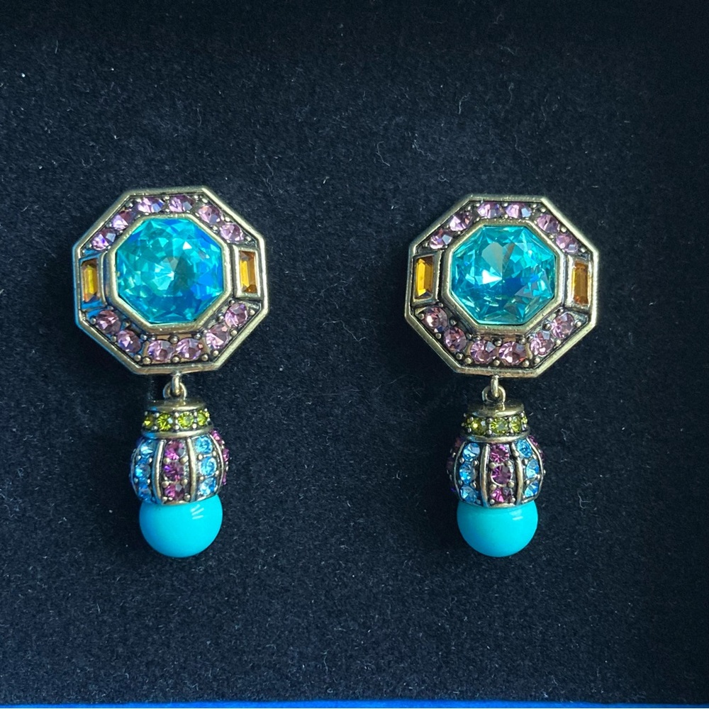 NIB Heidi Daus Art Deco Blue Topaz Crystal Drop Earrings (for pierced ears)